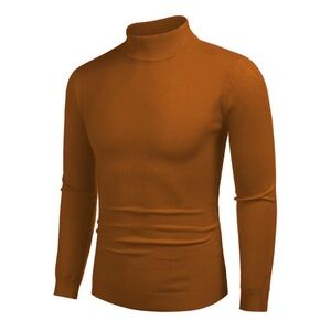 Mens Mock Turtleneck Slim Fit Pullover Knit Sweater Light Brown Cognac, Small